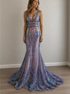Ava Presley Beaded Prom Dress Iridescent Gown Size 12 Pageant Evening Formal